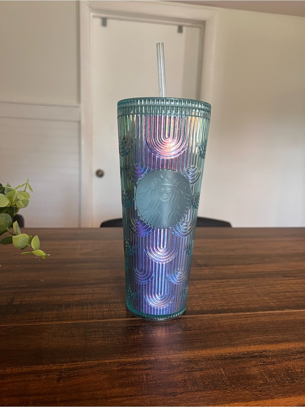Starbucks Iridescent Teal Blue Reusable Tumbler with Straw